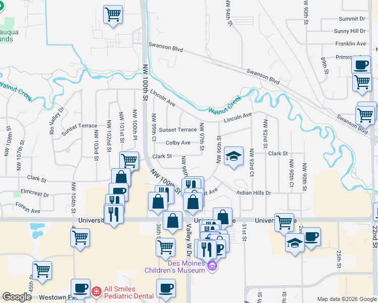map of restaurants, bars, coffee shops, grocery stores, and more near 9738 Clark Street in Clive