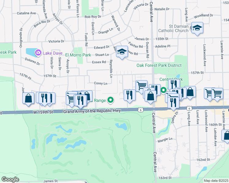 map of restaurants, bars, coffee shops, grocery stores, and more near 15744 Lake Drive in Oak Forest