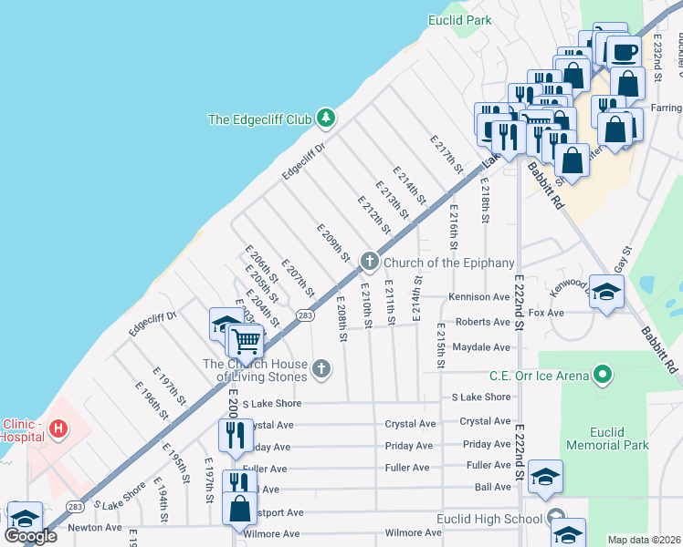 map of restaurants, bars, coffee shops, grocery stores, and more near 154 East 209th Street in Euclid