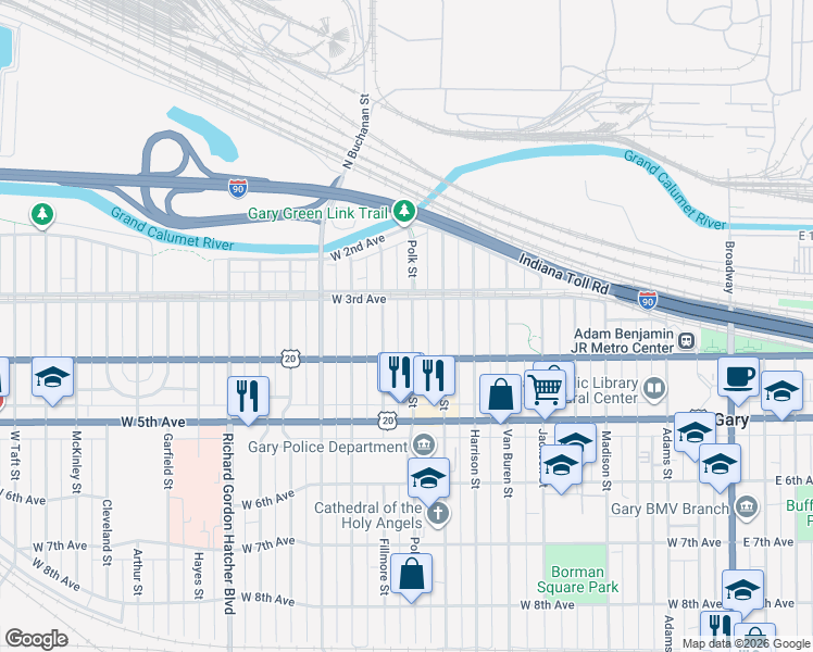 map of restaurants, bars, coffee shops, grocery stores, and more near 301 Polk Street in Gary