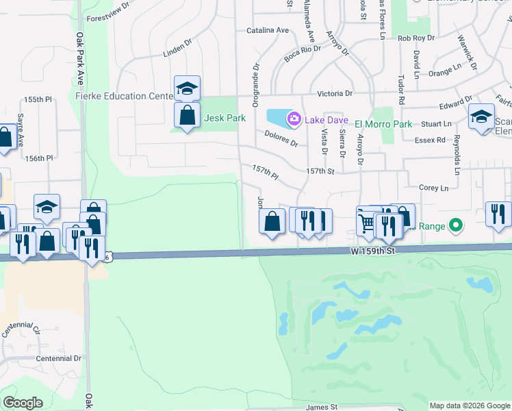 map of restaurants, bars, coffee shops, grocery stores, and more near 15747 Jon Road in Oak Forest