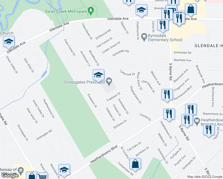 map of restaurants, bars, coffee shops, grocery stores, and more near 3901 Shadylawn Drive in Toledo