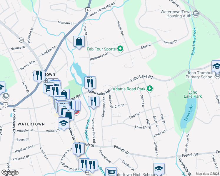 map of restaurants, bars, coffee shops, grocery stores, and more near 243 Echo Lake Road in Watertown
