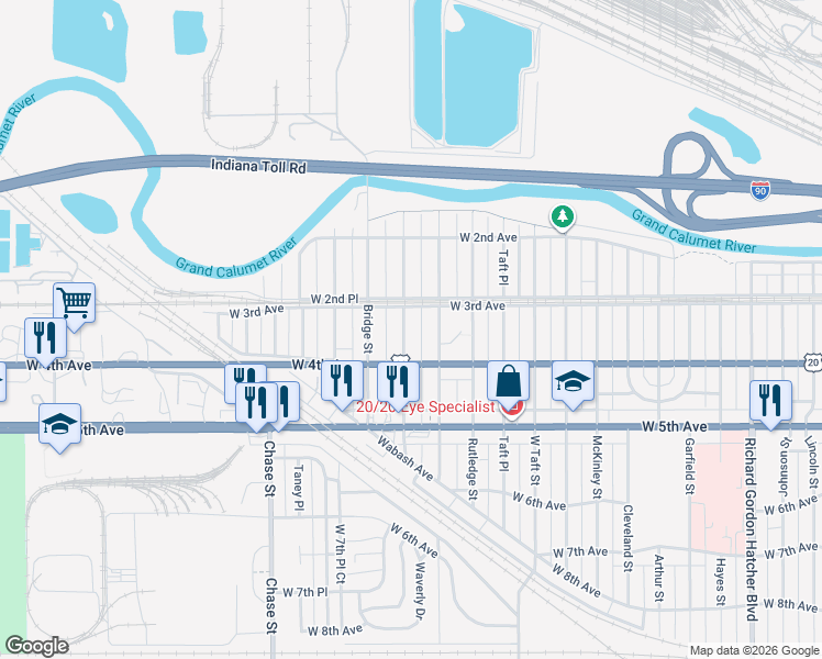 map of restaurants, bars, coffee shops, grocery stores, and more near 298 Marshall Street in Gary