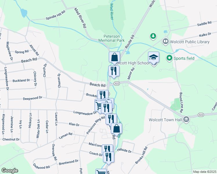 map of restaurants, bars, coffee shops, grocery stores, and more near 815 Wolcott Road in Wolcott