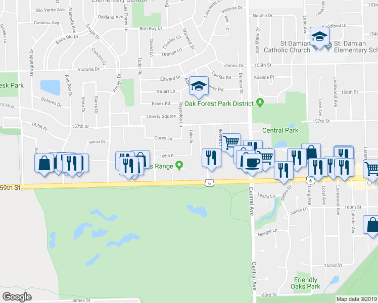 map of restaurants, bars, coffee shops, grocery stores, and more near 15819 Corey Lane in Oak Forest