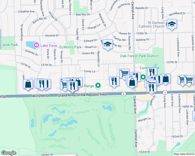 map of restaurants, bars, coffee shops, grocery stores, and more near 15819 Corey Lane in Oak Forest