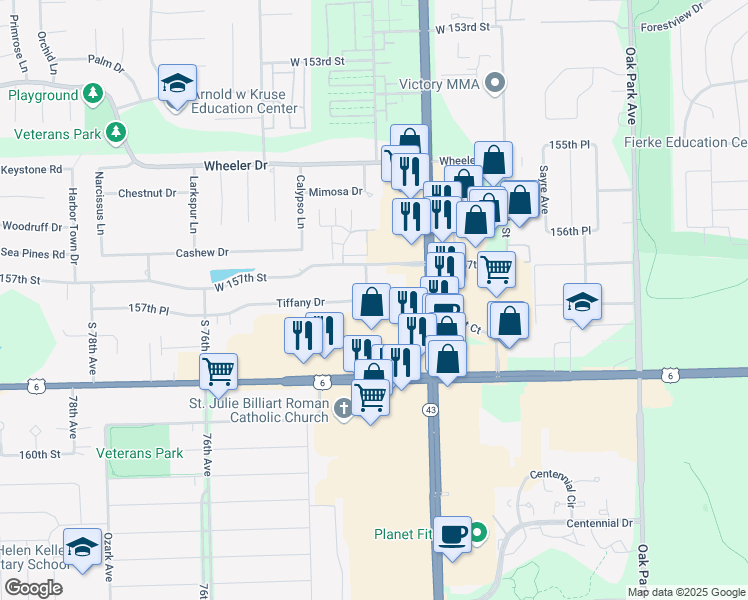 map of restaurants, bars, coffee shops, grocery stores, and more near 15705 Tiffany Drive in Orland Park