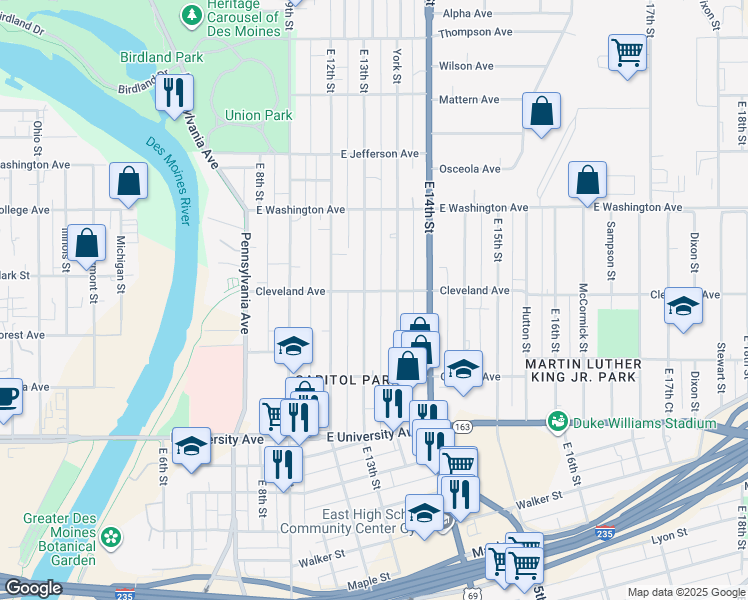 map of restaurants, bars, coffee shops, grocery stores, and more near 1411 East 13th Street in Des Moines