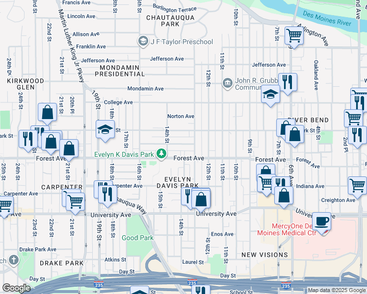 map of restaurants, bars, coffee shops, grocery stores, and more near 1440 13th Street in Des Moines