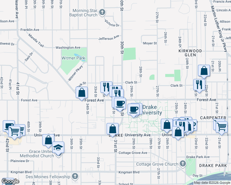 map of restaurants, bars, coffee shops, grocery stores, and more near 1444 31st Street in Des Moines