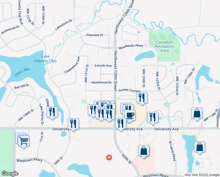 map of restaurants, bars, coffee shops, grocery stores, and more near 12821 Hazelwood Drive in Clive