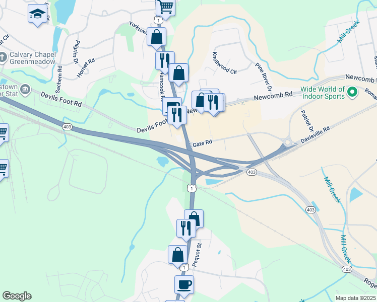 map of restaurants, bars, coffee shops, grocery stores, and more near 7125 Post Road in North Kingstown