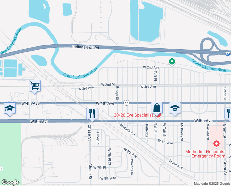 map of restaurants, bars, coffee shops, grocery stores, and more near 292-298 Bridge Street in Gary