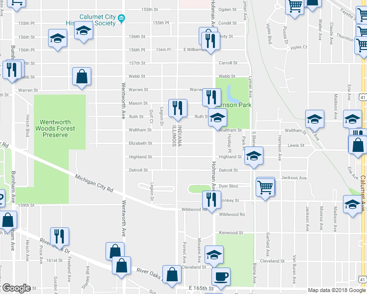 map of restaurants, bars, coffee shops, grocery stores, and more near 12 Elizabeth Street in Hammond