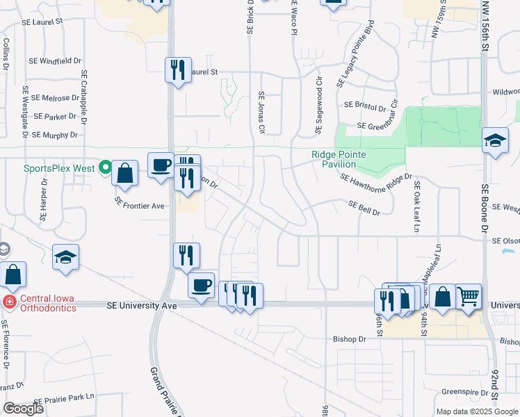 map of restaurants, bars, coffee shops, grocery stores, and more near 1273 Southeast Williams Court in Waukee
