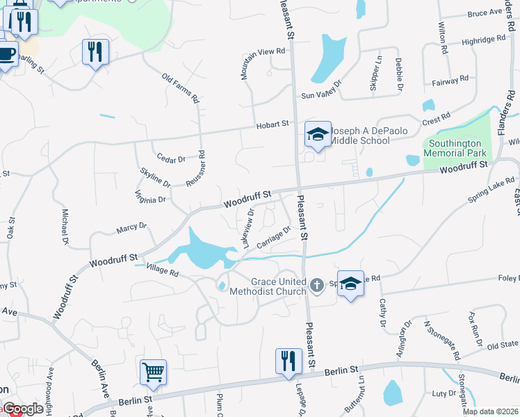map of restaurants, bars, coffee shops, grocery stores, and more near 415 Lakeview Drive in Southington