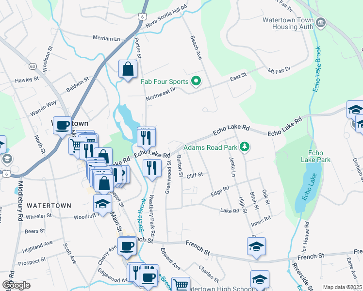 map of restaurants, bars, coffee shops, grocery stores, and more near 243 Echo Lake Road in Watertown