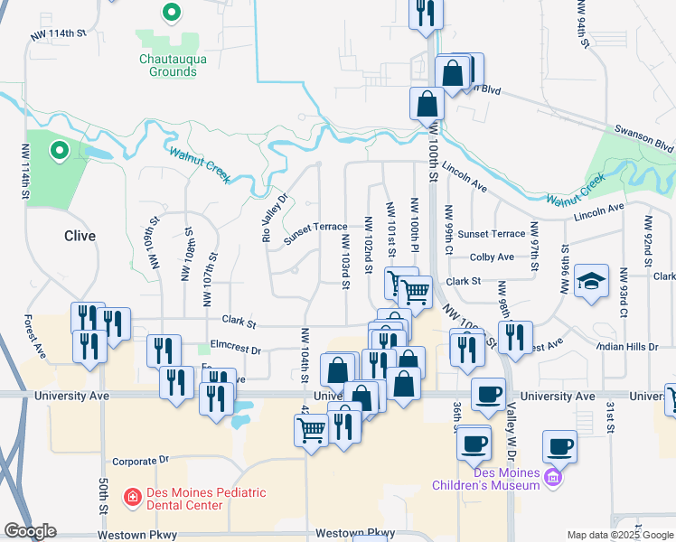 map of restaurants, bars, coffee shops, grocery stores, and more near 1591 Northwest 104th Street in Clive