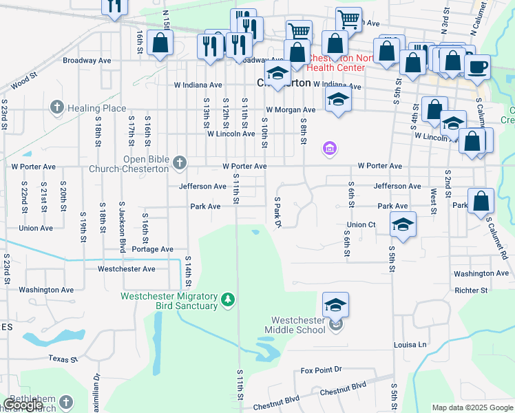 map of restaurants, bars, coffee shops, grocery stores, and more near 935 Park Avenue in Chesterton