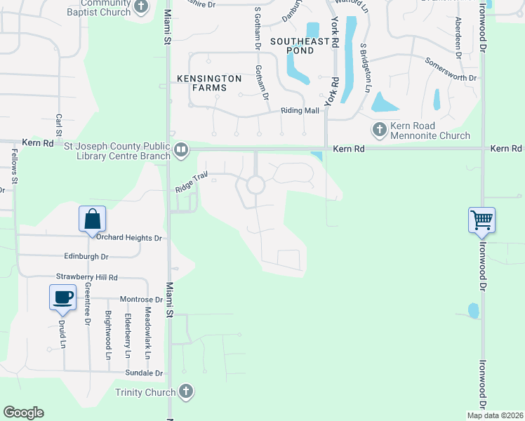 map of restaurants, bars, coffee shops, grocery stores, and more near 1367 Deerfield Court in South Bend