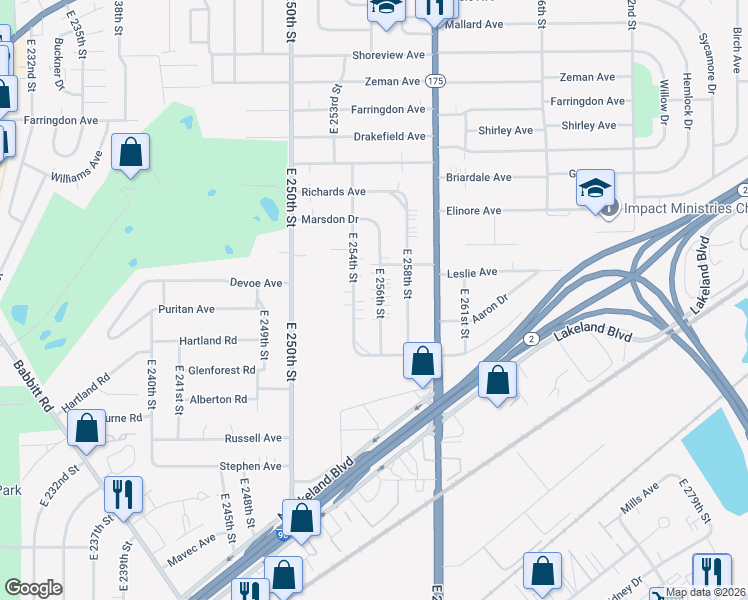 map of restaurants, bars, coffee shops, grocery stores, and more near 810 East 256th Street in Euclid