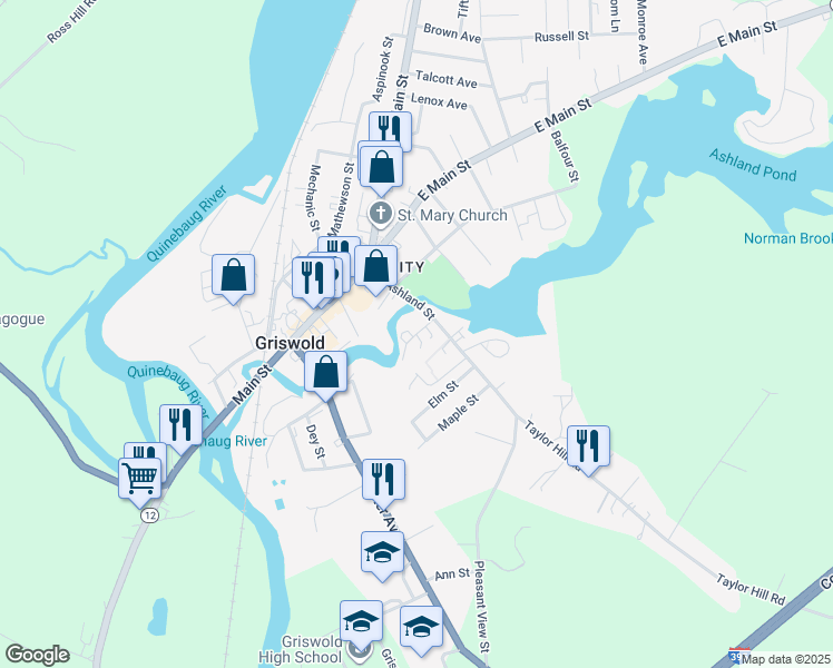 map of restaurants, bars, coffee shops, grocery stores, and more near Burleson Lane in Griswold