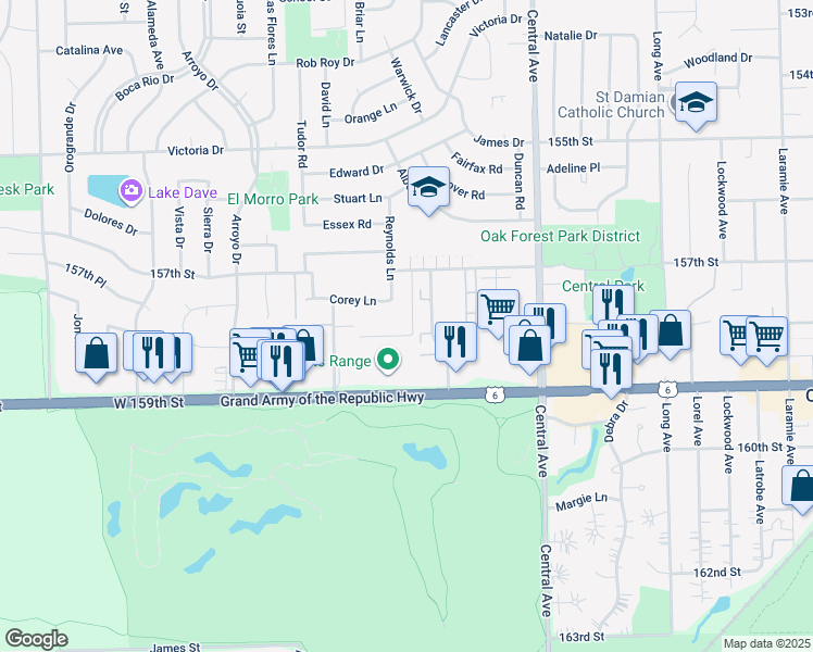 map of restaurants, bars, coffee shops, grocery stores, and more near 15740 Lake Drive in Oak Forest