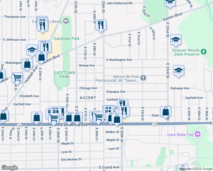 map of restaurants, bars, coffee shops, grocery stores, and more near 2905 Cleveland Avenue in Des Moines