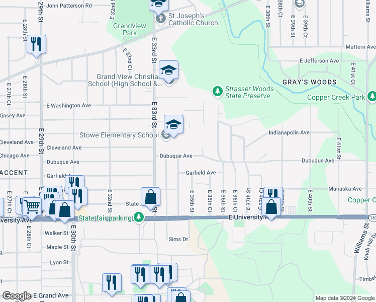 map of restaurants, bars, coffee shops, grocery stores, and more near 3418 Dubuque Avenue in Des Moines