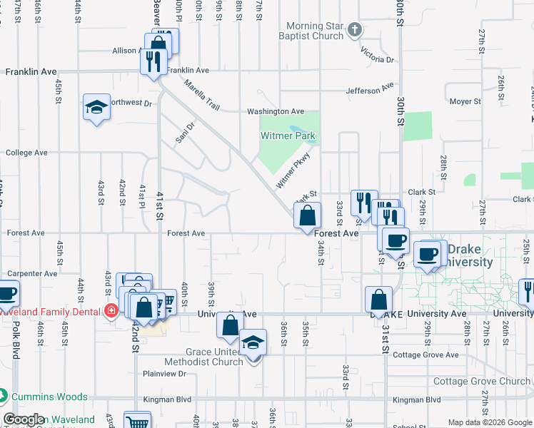 map of restaurants, bars, coffee shops, grocery stores, and more near 1417 Beaver Avenue in Des Moines