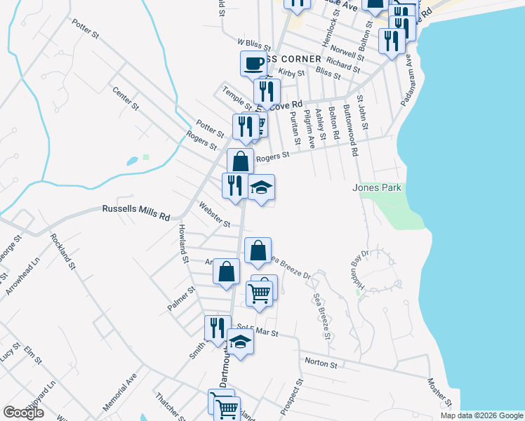 map of restaurants, bars, coffee shops, grocery stores, and more near 654 Dartmouth Street in Dartmouth