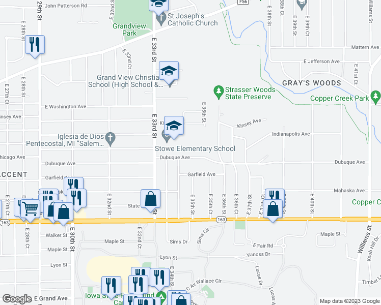 map of restaurants, bars, coffee shops, grocery stores, and more near 3422 Dubuque Avenue in Des Moines