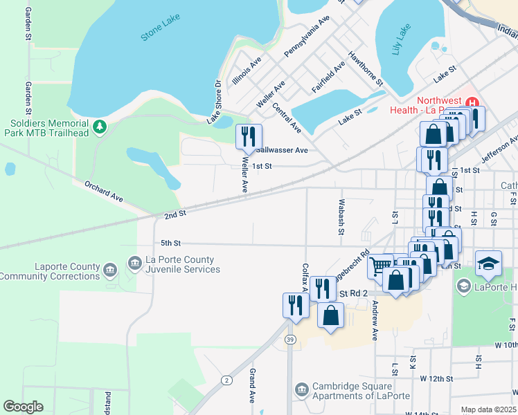 map of restaurants, bars, coffee shops, grocery stores, and more near 1524 2nd Street in La Porte