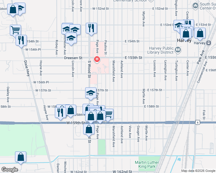 map of restaurants, bars, coffee shops, grocery stores, and more near 15624 Paulina Street in Harvey