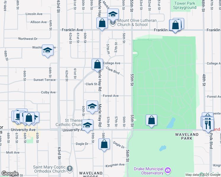 map of restaurants, bars, coffee shops, grocery stores, and more near 1438 57th Street in Des Moines