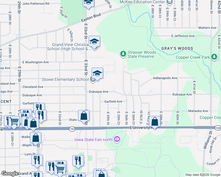 map of restaurants, bars, coffee shops, grocery stores, and more near 3510 Dubuque Avenue in Des Moines