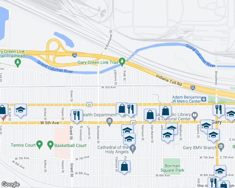map of restaurants, bars, coffee shops, grocery stores, and more near 333 Fillmore Street in Gary