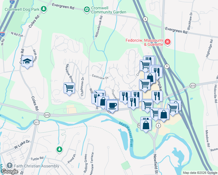 map of restaurants, bars, coffee shops, grocery stores, and more near 98 Dogwood Court in Cromwell