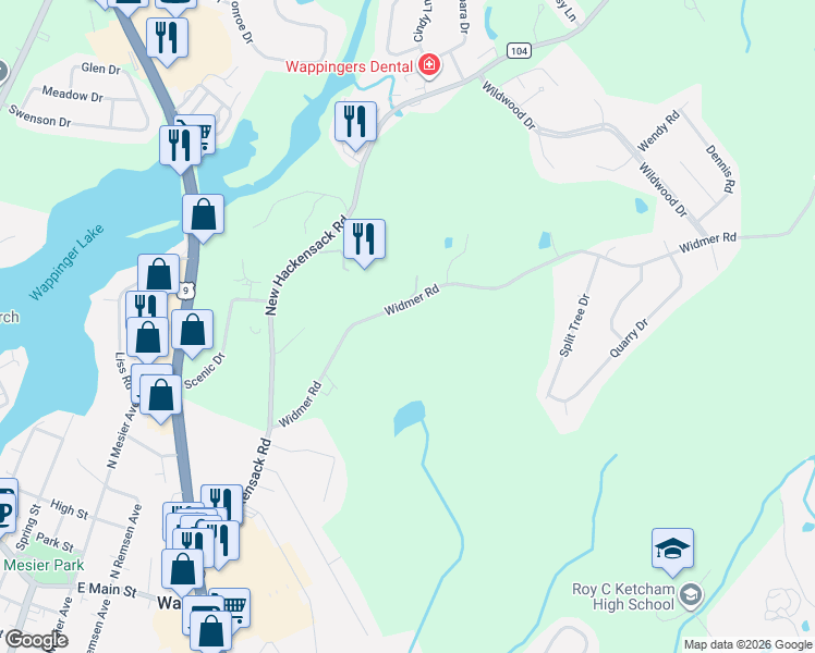 map of restaurants, bars, coffee shops, grocery stores, and more near 37 Widmer Road in Wappingers Falls