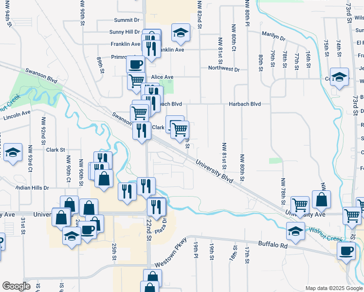 map of restaurants, bars, coffee shops, grocery stores, and more near 8450 Clark Street in Clive