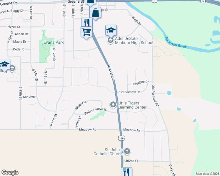 map of restaurants, bars, coffee shops, grocery stores, and more near 720 Timberview Drive in Adel