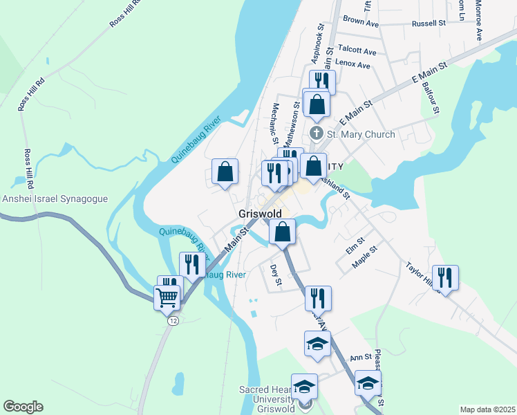map of restaurants, bars, coffee shops, grocery stores, and more near 26 Main Street in Griswold