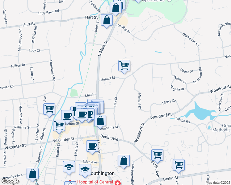 map of restaurants, bars, coffee shops, grocery stores, and more near 34 Hobart Street in Southington