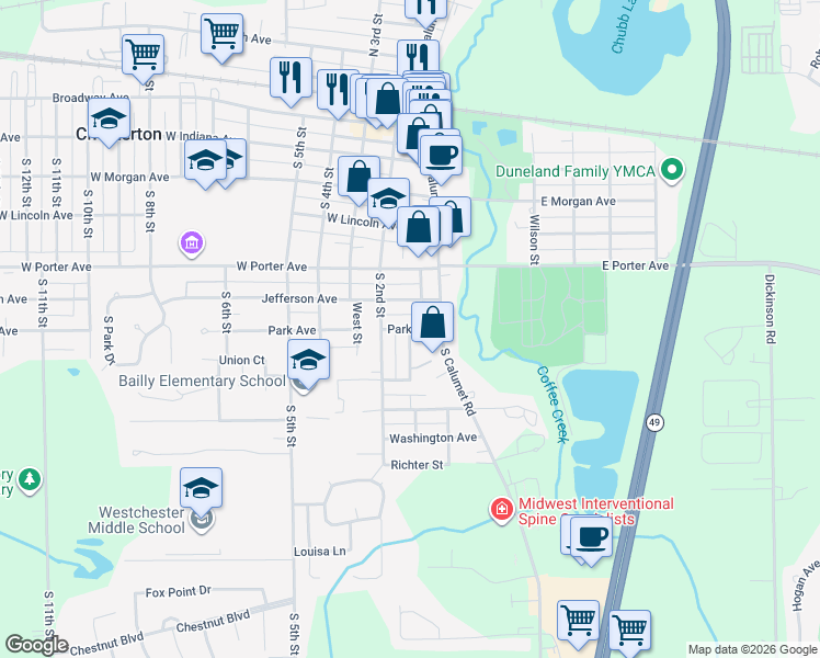 map of restaurants, bars, coffee shops, grocery stores, and more near 119 Jefferson Avenue in Chesterton