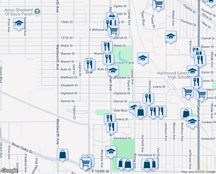 map of restaurants, bars, coffee shops, grocery stores, and more near 5944 Hohman Avenue in Hammond