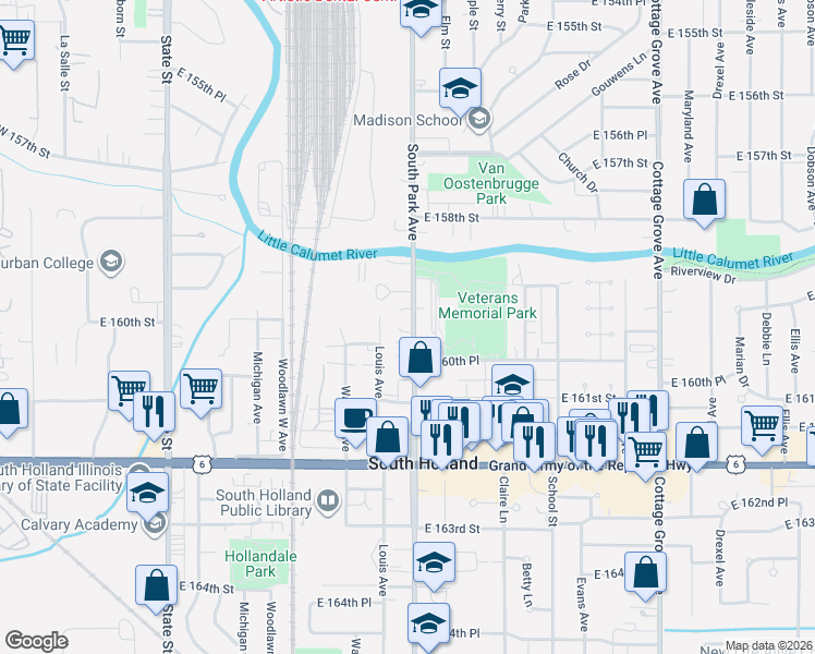map of restaurants, bars, coffee shops, grocery stores, and more near 15924 Doctor Martin Luther King Junior Drive in South Holland