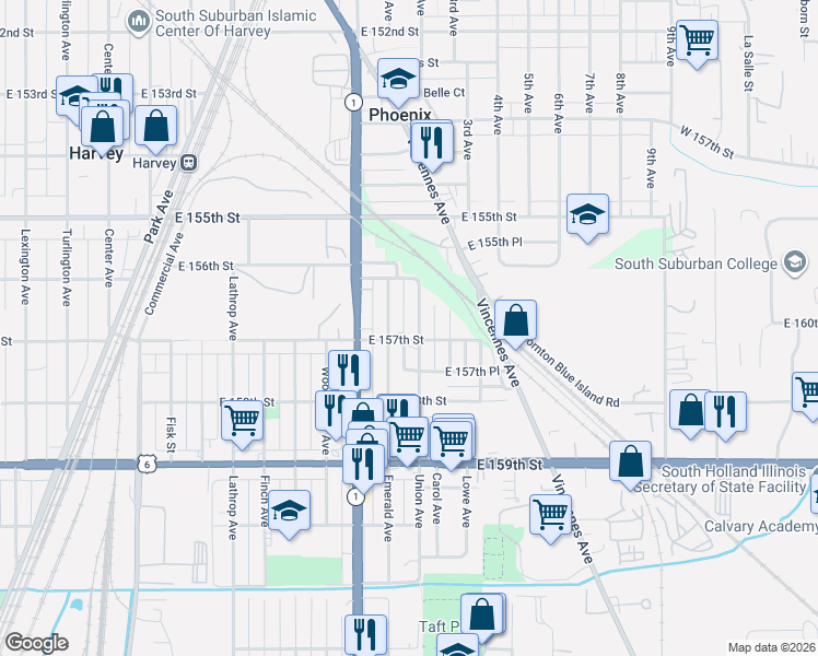 map of restaurants, bars, coffee shops, grocery stores, and more near 15622 Union Avenue in Harvey