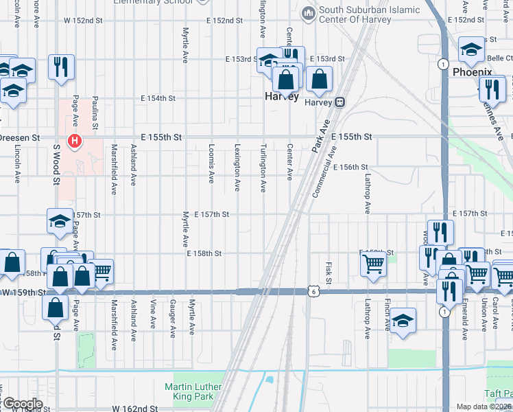 map of restaurants, bars, coffee shops, grocery stores, and more near 15620 Turlington Avenue in Harvey