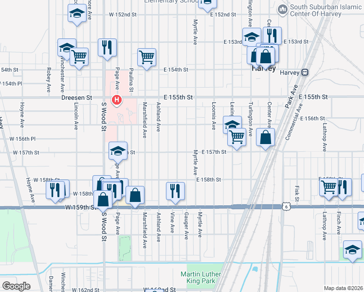 map of restaurants, bars, coffee shops, grocery stores, and more near 15621 Vine Avenue in Harvey